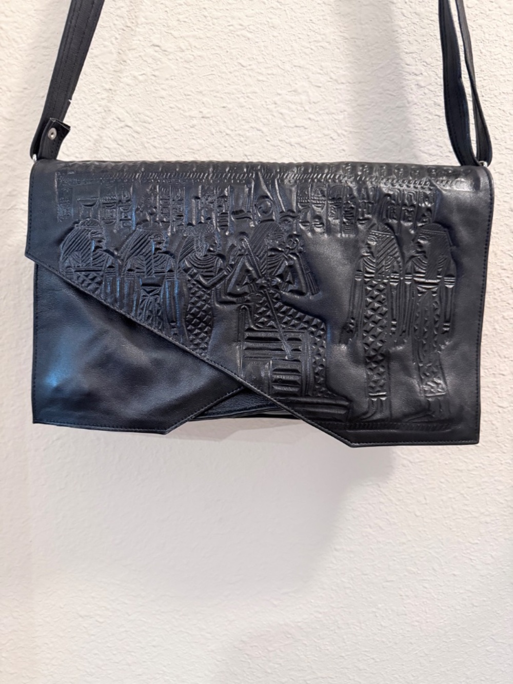 Artisan Black Leather Egyptian Hand-Tooled Embossed Crossbody Bag - Picture 4 of 14